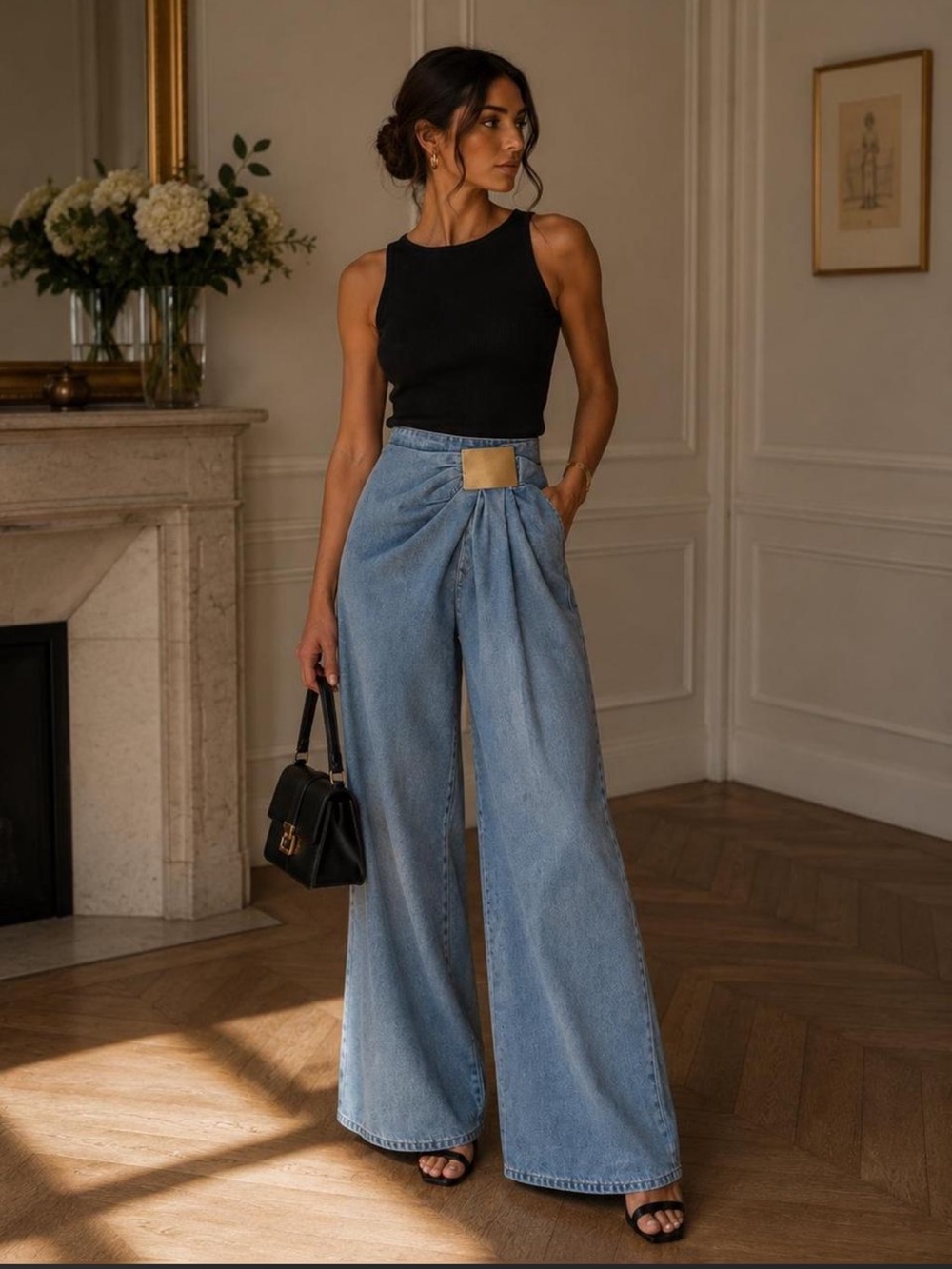 Commense High-Rise Wide-Leg Jeans in Light Blue with Tan Patch
